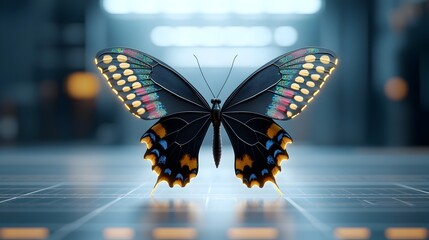 Leinwandbilder - Stunning close up of a large vibrant butterfly featuring intricate Thai inspired pattern wings illuminated by a captivating futuristic glow in a surreal sci fi concept setting