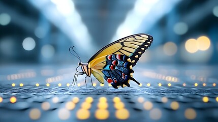 Leinwandbilder - Mesmerizing multicolored butterfly with stunning Thai inspired patterns on its wings captured in a close up view against a futuristic sci fi environment filled with glowing light