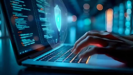 Hands typing on a laptop keyboard with a digital lock icon representing cybersecurity and programming. The video highlights the importance of digital protection and coding.
