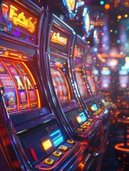 Aufkleber - A row of futuristic slot machines glows with vibrant lights, spinning reels, and a central jackpot symbol in a bustling gaming environment. Generative AI