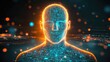 © sergign - A front-facing digital figure made of glowing blue and orange lights, emphasizing themes of technology, human identity, and futuristic artistic expression.