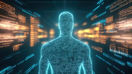 A digital representation of a human viewed from behind, combining light and binary code, emphasizing the union of human form and digital elements.