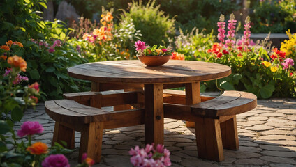 Wall Mural - Wooden table in a blooming garden, surrounded by vibrant flowers and soft sunlight filtering through the leaves.