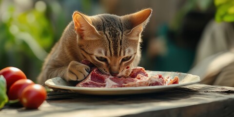 Cat Eating Meat: Young Abyssinian Kitten Enjoying Beef Meal on Table, Adorable Animal Background