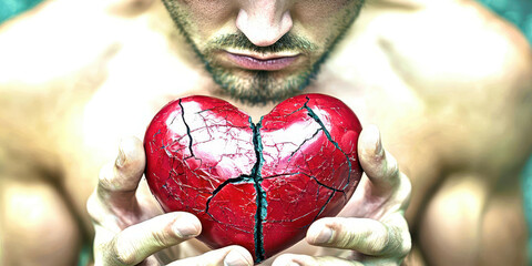 A man is holding a broken heart