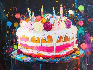 a celebration scene featuring a vibrant birthday cake overflowing with icing and decorations, embodying joy and festivity, perfect for commemorating special moments