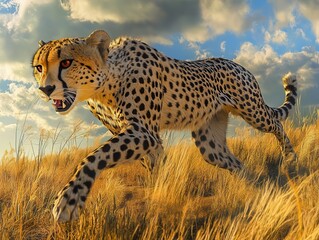 a fierce cheetah stealthily stalking its prey across the sprawling savanna, depicted in striking dig