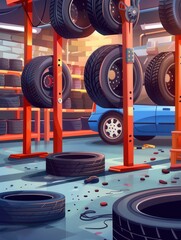 Poster - A technician works on changing tires in a bustling tire shop during the evening, surrounded by tools and stacked tires. Generative AI