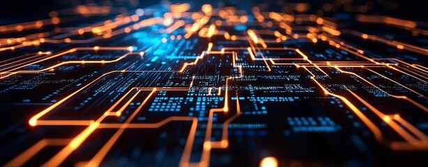 Abstract digital circuit board with glowing lines and nodes.