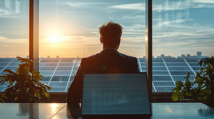 Aufkleber - Investor reviewing solar energy financial trends in a sleek office with a view of solar panels outside.