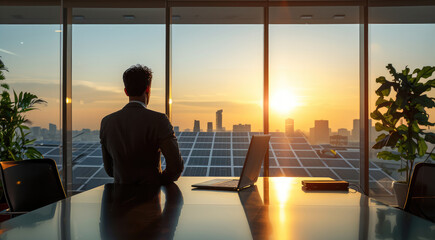 Aufkleber - Investor reviewing solar energy financial trends in a sleek office with a view of solar panels outside.