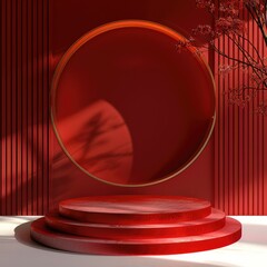Aufkleber - Red background, red podium, Chinese New Year atmosphere, minimalist style, light and shadow, bright colors, high saturation, product display platform.