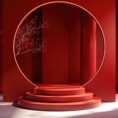 Aufkleber - Red background, red podium, Chinese New Year atmosphere, minimalist style, light and shadow, bright colors, high saturation, product display platform.