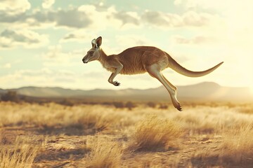 A Kangaroo in Mid jump Across the Boundless Australian Outback Symbolizing Strength and Wild Energy