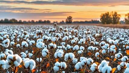 Cotton fields under the soft autumn light and sunset glow, harvest season