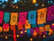 © Bijac - colorful papel picado floating gracefully at a lively night fiesta, illuminating faces in joyous celebration, rich textures, festive ambiance, warm and inviting lighting