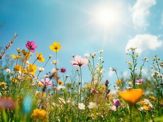 colorful mountain meadow bursting with vibrant spring flowers under a clear blue sky, sunlight illuminating the blossoms, creating a lively and joyful atmosphere