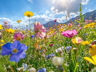 colorful mountain meadow bursting with vibrant spring flowers under a clear blue sky, sunlight illuminating the blossoms, creating a lively and joyful atmosphere