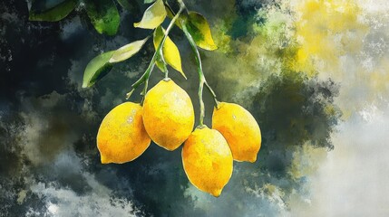 Citrus Botanical. Hand-drawn Watercolor Illustration of Fresh Lemon Branch on Vignetting Background