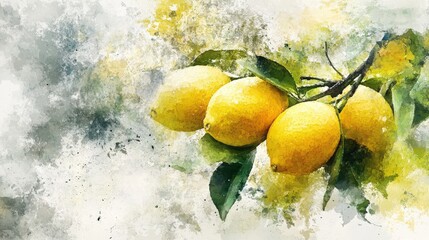 Citrus Botanical Watercolor Illustration: Branch of Fresh Lemons with Hand-drawn Vignetting Background