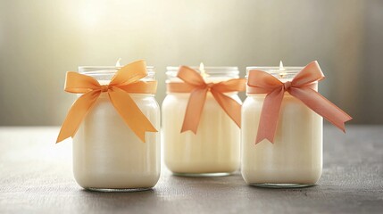 Three decorative jars of creamy white candles wrapped with orange ribbons, set against a softly lit background.