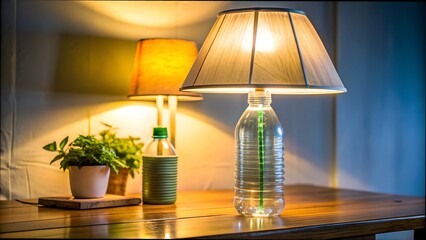 A lamp made from bottles standing on a table, with various objects in the background, creating an artistic and ambiance.