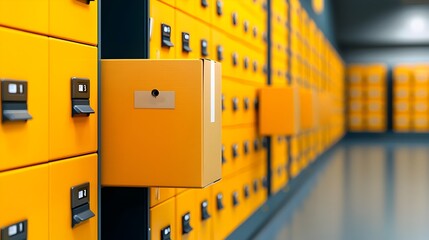 Fototapete - Orderly arrangement of parcel boxes lined up in an efficient storage locker system prepared and waiting for pickup and distribution