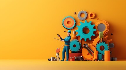 Aufkleber - 3D Mechanical Engineer Repairing Colorful Gearbox with Giant Clay Tools  Industrial Machinery Maintenance and Repair Concept for Manufacturing Engineering and Technology