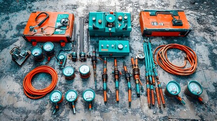 Leinwandbilder - A comprehensive hydraulic engineer s toolkit featuring various equipment such as pressure gauges hoses and other essential components laid out on the ground
