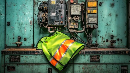 Leinwandbilder - A reflective safety vest folded neatly and placed on top of a power transformer cabinet showcasing the careful organization and preparedness in an industrial or utility facility