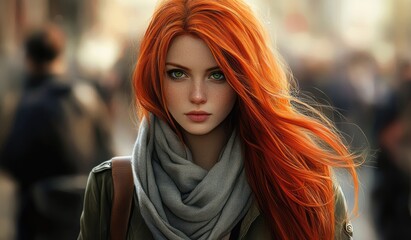 A beautiful woman with long, red hair, wearing an olive jacket and scarf, stands on the bustling streets