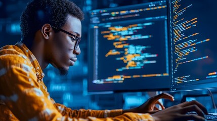 African American software engineer collaborating with team during a code review meeting at the office  They are discussing programming development and analysis of a project or application