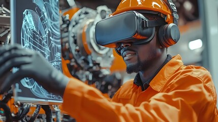 Leinwandbilder - African mechanical engineer using virtual reality headset and laptop for product prototyping and industrial design in a modern office workspace