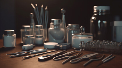 laboratory scene featuring a collection of glassware, including test tubes, flasks, and beakers, cle