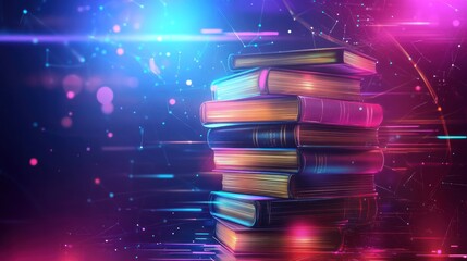 Innovative knowledge online e-learning concept, Futuristic projection of stack of books