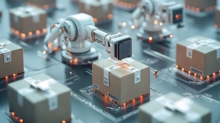 Leinwandbilder - Automated barcode scanning and sorting of delivery parcels and packages in an efficient logistics and distribution center for streamlined supply chain