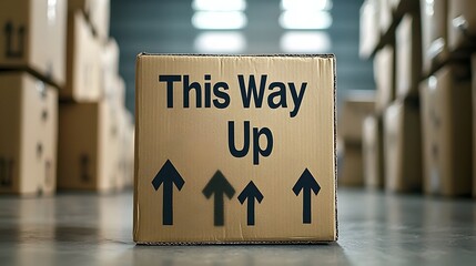 Fototapete - Cardboard parcel box with printed This Way Up arrows on the sides indicating the proper orientation for handling and transportation of goods and packages during shipping and delivery services