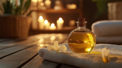 Wall Mural - golden bottle of massage oil on a spa table