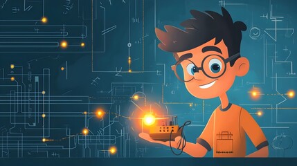 Fototapete - Cartoon of an electrical engineer adjusting and maintaining a glowing power circuit demonstrating technical skill and problem solving in the field of electrical engineering and technology