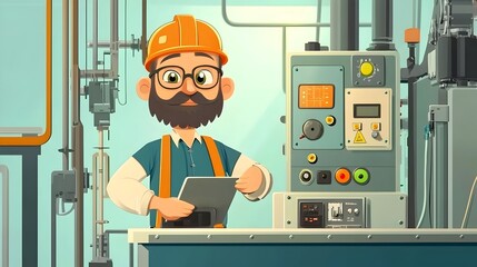 Aufkleber - Cartoon of an industrial engineer operating a cartoon factory machine with flashing buttons representing the automation and technology involved in modern manufacturing and production processes