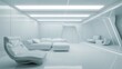 © ArpPSIqee - A futuristic minimalist living room design with a white canvas backdrop, furnished with sleek and minimalist furniture arrangements, Futuristic minimalist style