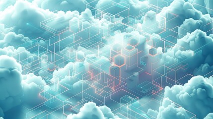 Leinwandbilder - Digital Cloud Network, Cybersecurity, Technology, Shield security, Pastel blue, clean data board, horizontal, vector, isometric.