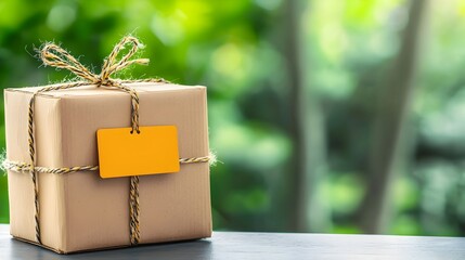 Poster - Close up view of a cardboard parcel box with a visible shipping label representing the delivery and logistics process for sending and receiving goods and products