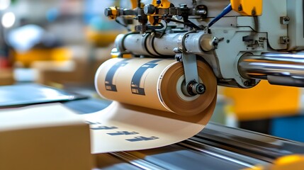 Poster - Close up view of a thermal printer device printing shipping labels for various parcel boxes or packages ready for delivery or distribution in a commercial industrial or logistics setting