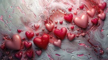 Poster - Red and pink hearts cascading down a marble-textured background.