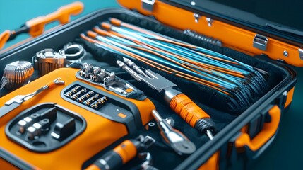 Fototapete - Close up view of an equipment case filled with fiber optic cables and various splicing tools showcasing the essential components for network infrastructure telecommunication and data transmission