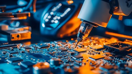 Poster - Close up View of Circuit Boards Soldering Iron and Other Electronics Equipment on an Engineer s Desk in a Modern Office or Workspace