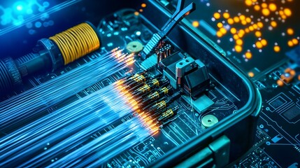 Aufkleber - Close up view of fiber optic cables splicing tools and other telecommunication equipment stored in a specialized case or kit for network installation repair and maintenance work