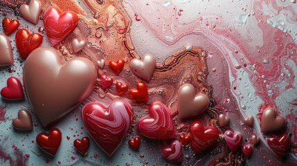 Poster - Red and pink hearts cascading down a marble-textured background.