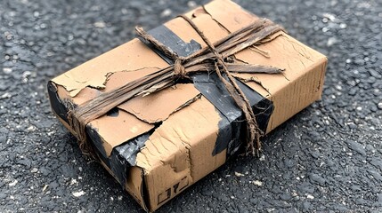 Poster - Closeup of a parcel box with visible dents and crushed corners indicating damage during transportation or shipping  The box shows signs of impact and rough handling